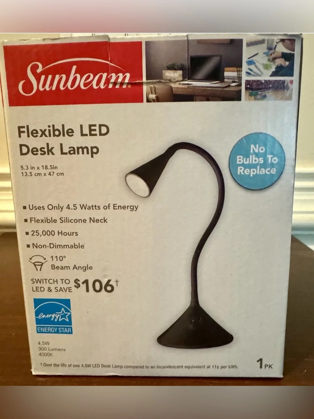 Sunbeam Black Flexible LED Desk Lamp - Flexible Silicone Neck - NIB